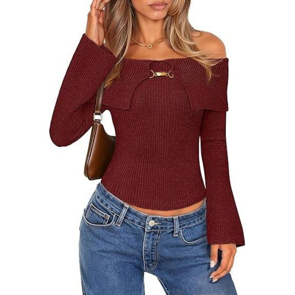 MSRP $33 MEROKEETY Women's Wine M Off Shoulder Sweater Fall Cute Bell Long Sl
